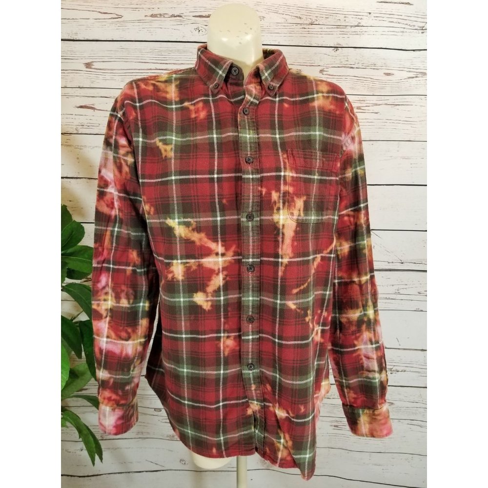 Crofts Barrow Shacket Flannel shirt Tie-dyed Plaid burgundy Mens Sz Large